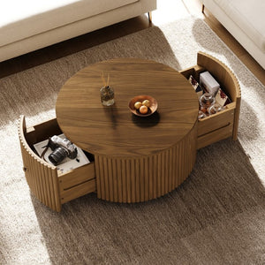 English Elm Round Fluted Drum Cocktail Table with Hidden Drawers Rolling Casters Walnut Finish N735P464686D