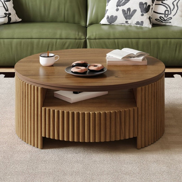 English Elm Walnut Fluted Drum Coffee Table Solid Wood with Concealed Drawers Mid-Century Style N735P464687D