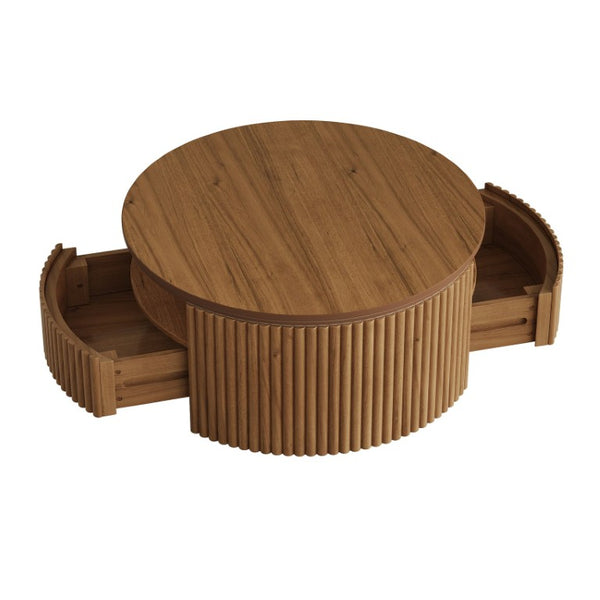 English Elm Walnut Fluted Drum Coffee Table Solid Wood with Concealed Drawers Mid-Century Style N735P464687D