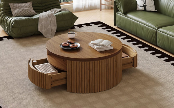 English Elm Walnut Fluted Drum Coffee Table Solid Wood with Concealed Drawers Mid-Century Style N735P464687D