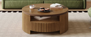 English Elm Walnut Fluted Drum Coffee Table Solid Wood with Concealed Drawers Mid-Century Style N735P464687D