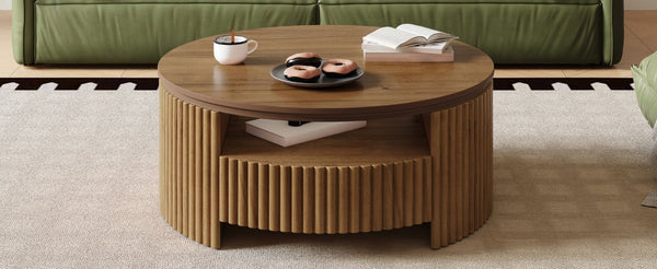 English Elm Walnut Fluted Drum Coffee Table Solid Wood with Concealed Drawers Mid-Century Style N735P464687D