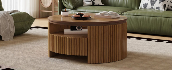 English Elm Walnut Fluted Drum Coffee Table Solid Wood with Concealed Drawers Mid-Century Style N735P464687D