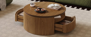 English Elm Walnut Fluted Drum Coffee Table Solid Wood with Concealed Drawers Mid-Century Style N735P464687D