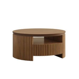 English Elm Walnut Fluted Drum Coffee Table Solid Wood with Concealed Drawers Mid-Century Style N735P464687D