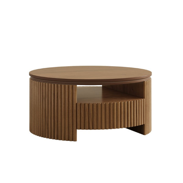 English Elm Walnut Fluted Drum Coffee Table Solid Wood with Concealed Drawers Mid-Century Style N735P464687D