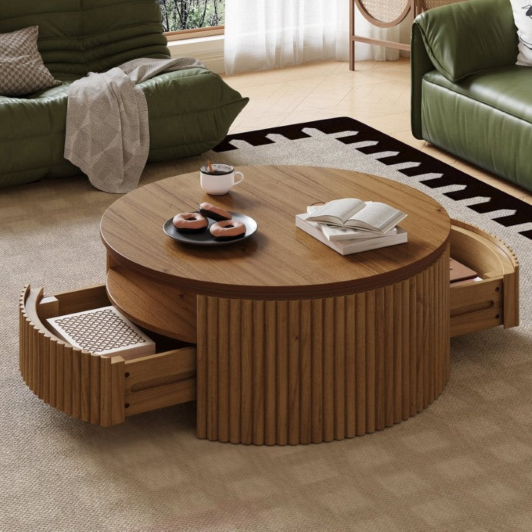 English Elm Walnut Fluted Drum Coffee Table Solid Wood with Concealed Drawers Mid-Century Style N735P464687D