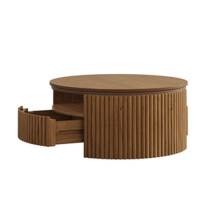 English Elm Walnut Fluted Drum Coffee Table Solid Wood with Concealed Drawers Mid-Century Style N735P464687D