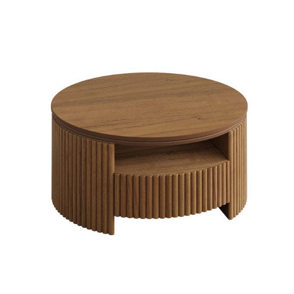 English Elm Walnut Fluted Drum Coffee Table Solid Wood with Concealed Drawers Mid-Century Style N735P464687D