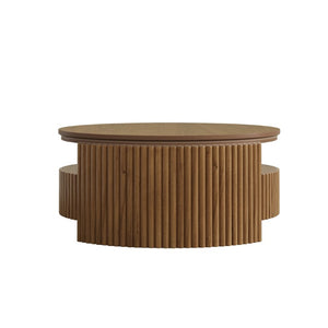 English Elm Walnut Fluted Drum Coffee Table Solid Wood with Concealed Drawers Mid-Century Style N735P464687D