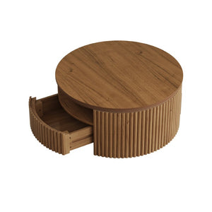 English Elm Walnut Fluted Drum Coffee Table Solid Wood with Concealed Drawers Mid-Century Style N735P464687D