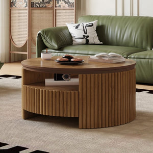 English Elm Walnut Fluted Drum Coffee Table Solid Wood with Concealed Drawers Mid-Century Style N735P464687D