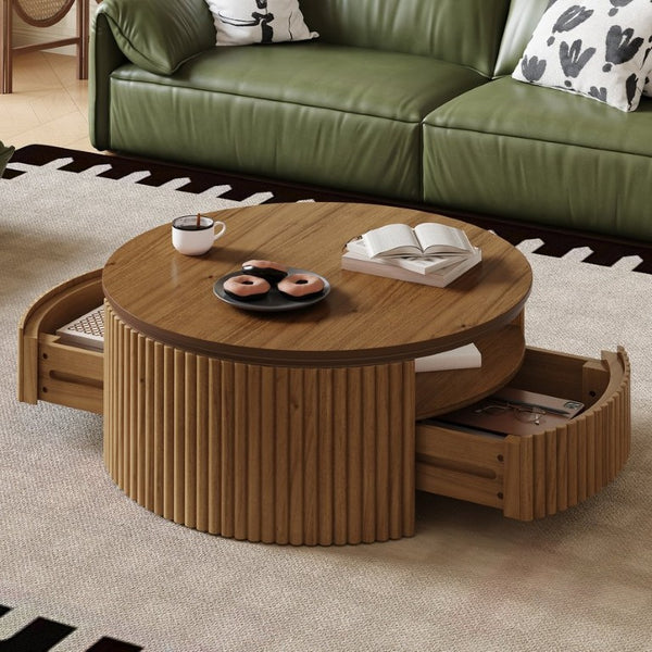 English Elm Walnut Fluted Drum Coffee Table Solid Wood with Concealed Drawers Mid-Century Style N735P464687D