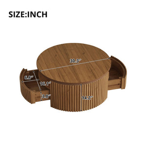English Elm Walnut Fluted Drum Coffee Table Solid Wood with Concealed Drawers Mid-Century Style N735P464687D