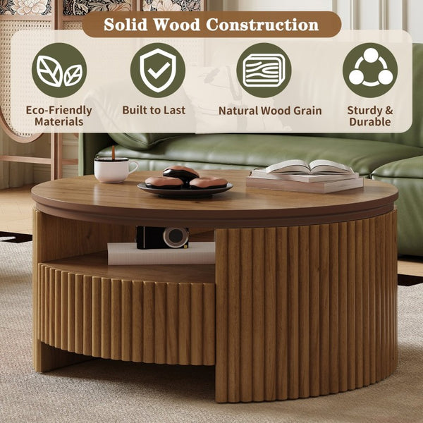 English Elm Walnut Fluted Drum Coffee Table Solid Wood with Concealed Drawers Mid-Century Style N735P464687D