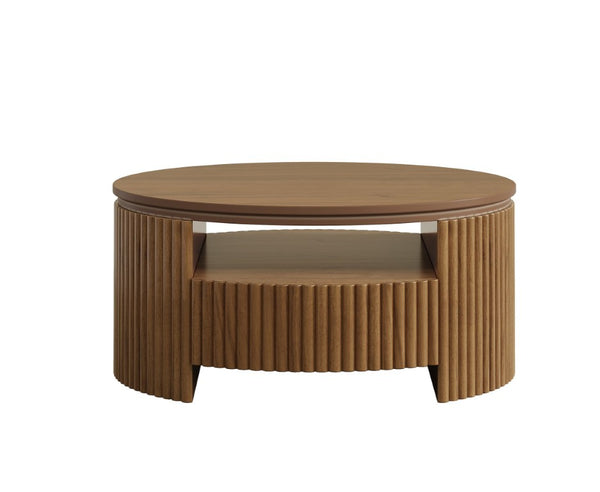 English Elm Walnut Fluted Drum Coffee Table Solid Wood with Concealed Drawers Mid-Century Style N735P464687D