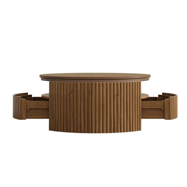 English Elm Walnut Fluted Drum Coffee Table Solid Wood with Concealed Drawers Mid-Century Style N735P464687D