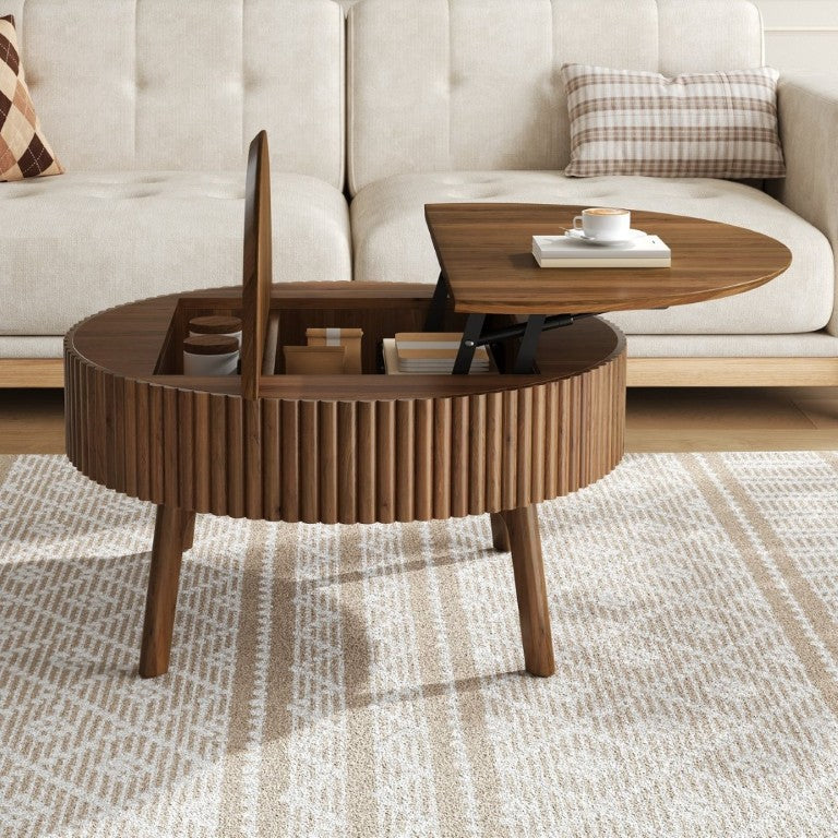English Elm Modern Fluted Walnut Round Coffee Table with Lift Top Hidden Storage Mid-Century Living N735P464688D
