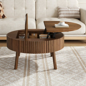 English Elm Modern Fluted Walnut Round Coffee Table with Lift Top Hidden Storage Mid-Century Living N735P464688D