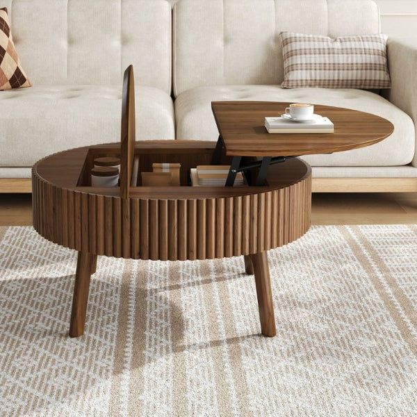 English Elm Modern Fluted Walnut Round Coffee Table with Lift Top Hidden Storage Mid-Century Living N735P464688D
