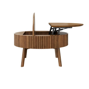 English Elm Modern Fluted Walnut Round Coffee Table with Lift Top Hidden Storage Mid-Century Living N735P464688D