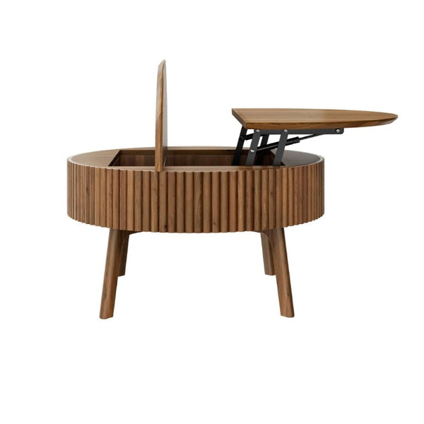 English Elm Modern Fluted Walnut Round Coffee Table with Lift Top Hidden Storage Mid-Century Living N735P464688D