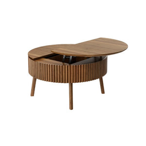 English Elm Modern Fluted Walnut Round Coffee Table with Lift Top Hidden Storage Mid-Century Living N735P464688D
