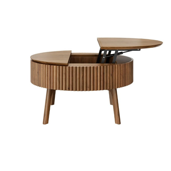 English Elm Modern Fluted Walnut Round Coffee Table with Lift Top Hidden Storage Mid-Century Living N735P464688D