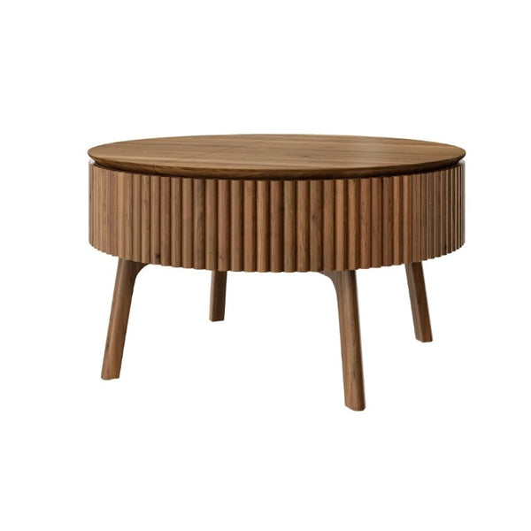 English Elm Modern Fluted Walnut Round Coffee Table with Lift Top Hidden Storage Mid-Century Living N735P464688D