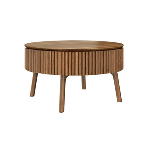 English Elm Modern Fluted Walnut Round Coffee Table with Lift Top Hidden Storage Mid-Century Living N735P464688D
