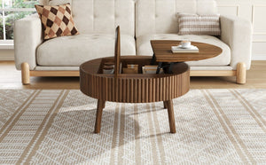 English Elm Modern Fluted Walnut Round Coffee Table with Lift Top Hidden Storage Mid-Century Living N735P464688D