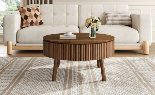 English Elm Modern Fluted Walnut Round Coffee Table with Lift Top Hidden Storage Mid-Century Living N735P464688D