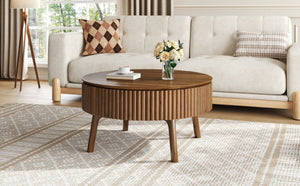 English Elm Modern Fluted Walnut Round Coffee Table with Lift Top Hidden Storage Mid-Century Living N735P464688D