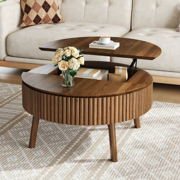 English Elm Modern Fluted Walnut Round Coffee Table with Lift Top Hidden Storage Mid-Century Living N735P464688D