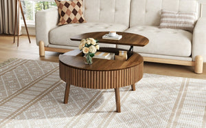 English Elm Modern Fluted Walnut Round Coffee Table with Lift Top Hidden Storage Mid-Century Living N735P464688D