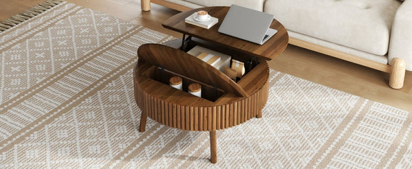 English Elm Modern Fluted Walnut Round Coffee Table with Lift Top Hidden Storage Mid-Century Living N735P464688D