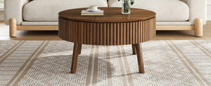 English Elm Modern Fluted Walnut Round Coffee Table with Lift Top Hidden Storage Mid-Century Living N735P464688D