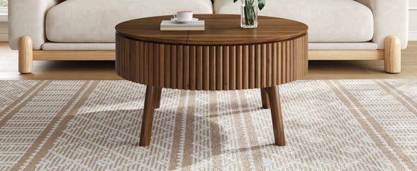 English Elm Modern Fluted Walnut Round Coffee Table with Lift Top Hidden Storage Mid-Century Living N735P464688D
