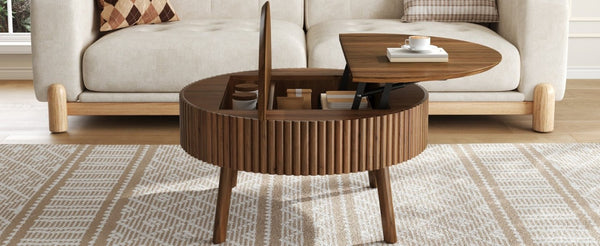 English Elm Modern Fluted Walnut Round Coffee Table with Lift Top Hidden Storage Mid-Century Living N735P464688D