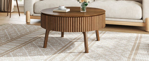 English Elm Modern Fluted Walnut Round Coffee Table with Lift Top Hidden Storage Mid-Century Living N735P464688D