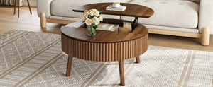 English Elm Modern Fluted Walnut Round Coffee Table with Lift Top Hidden Storage Mid-Century Living N735P464688D