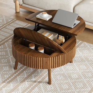 English Elm Modern Fluted Walnut Round Coffee Table with Lift Top Hidden Storage Mid-Century Living N735P464688D
