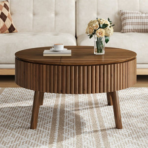 English Elm Modern Fluted Walnut Round Coffee Table with Lift Top Hidden Storage Mid-Century Living N735P464688D