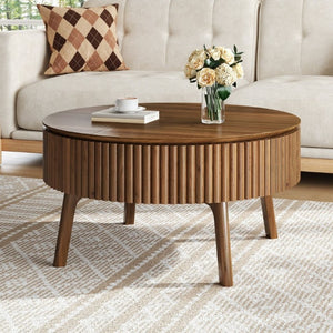English Elm Modern Fluted Walnut Round Coffee Table with Lift Top Hidden Storage Mid-Century Living N735P464688D