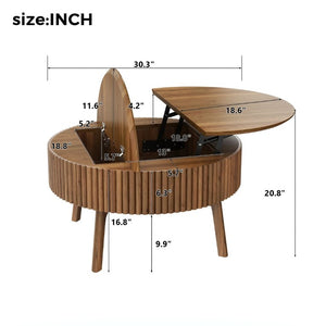 English Elm Modern Fluted Walnut Round Coffee Table with Lift Top Hidden Storage Mid-Century Living N735P464688D