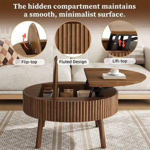 English Elm Modern Fluted Walnut Round Coffee Table with Lift Top Hidden Storage Mid-Century Living N735P464688D