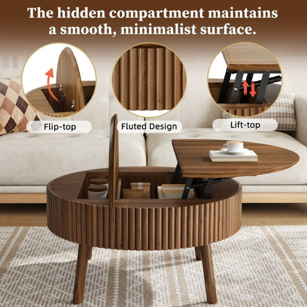English Elm Modern Fluted Walnut Round Coffee Table with Lift Top Hidden Storage Mid-Century Living N735P464688D