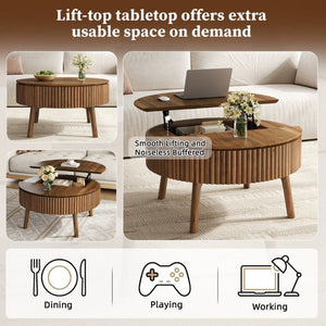 English Elm Modern Fluted Walnut Round Coffee Table with Lift Top Hidden Storage Mid-Century Living N735P464688D