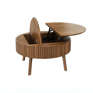 English Elm Modern Fluted Walnut Round Coffee Table with Lift Top Hidden Storage Mid-Century Living N735P464688D