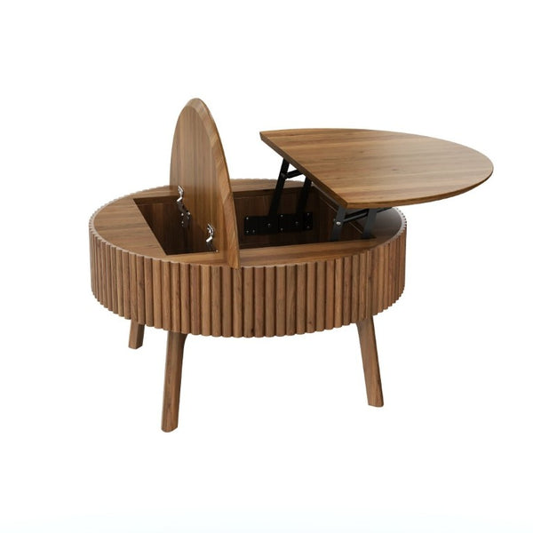 English Elm Modern Fluted Walnut Round Coffee Table with Lift Top Hidden Storage Mid-Century Living N735P464688D